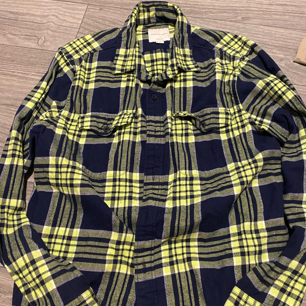 American Eagle Outfitters Navy and Lime Plaid Shirt